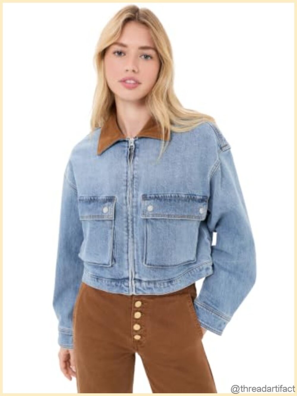 Cropped Denim Jacket Long Sleeve Faux Suede Collar Snap Cuffs